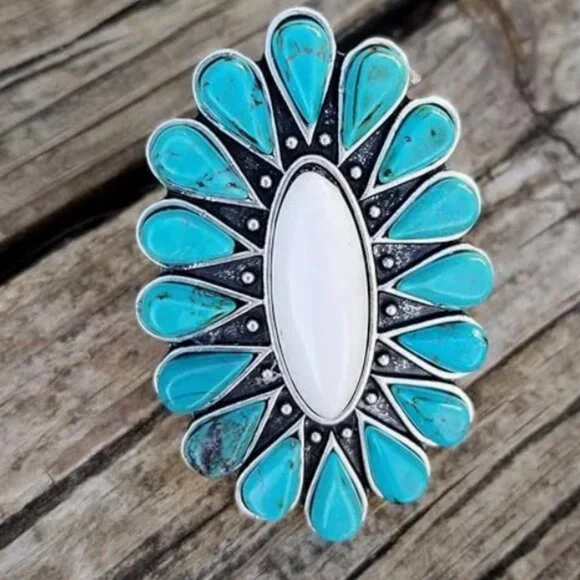 Flower White and Turquoise Statement Resizable Ring - Picture 2 of 3